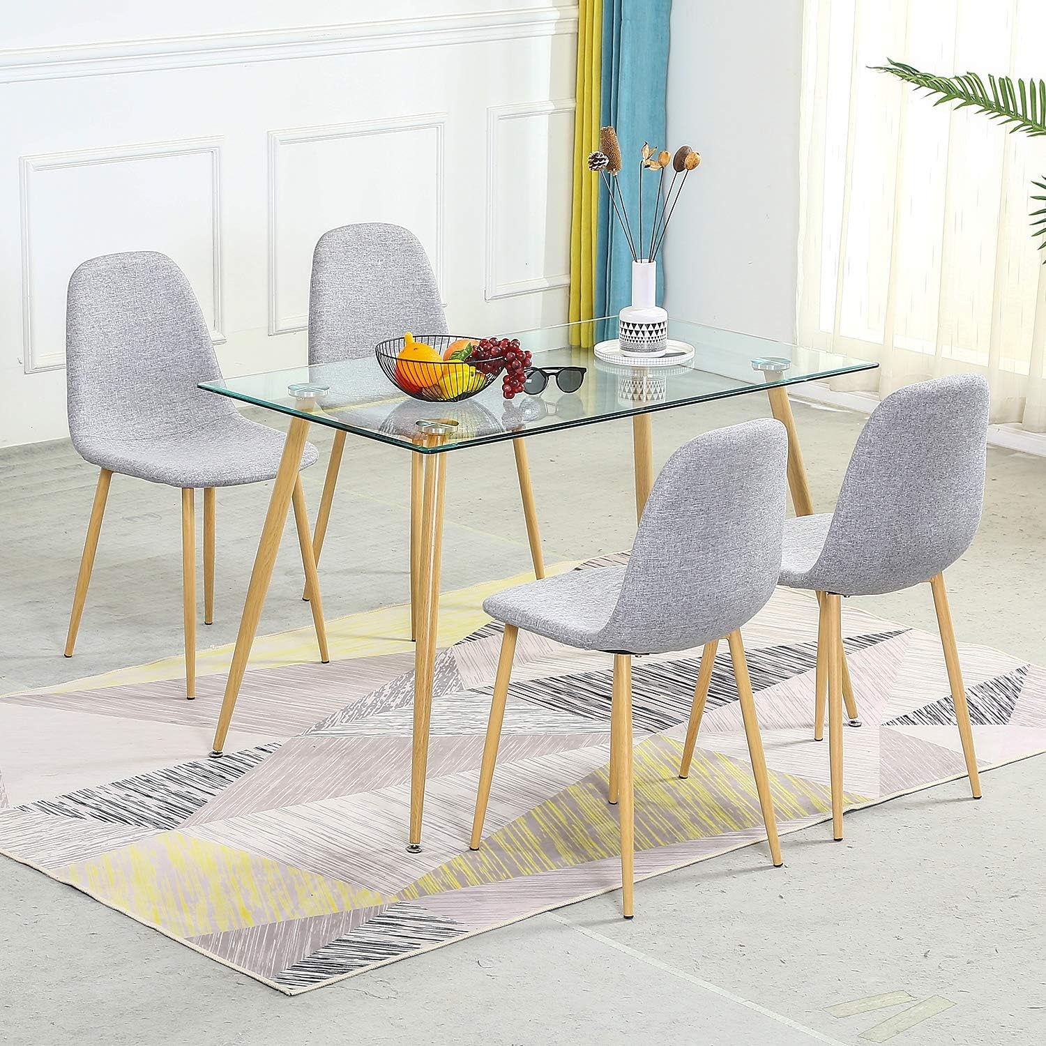 Rectangular Glass Dining Table - Tempered Glass Kitchen Table - Small Modern Glass Dining Room Table for 4 with Wood Printed Transfer Metal Legs, Coffee Table for Living Room 47.2*27.6*29.5"