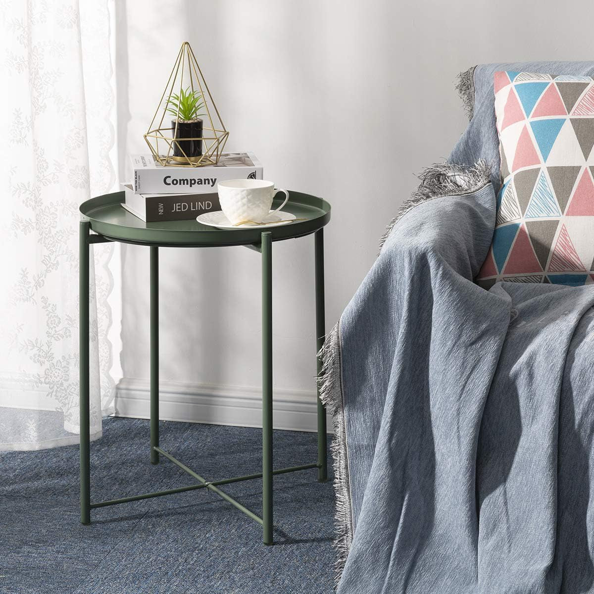 Side Table, End Table for Small Spaces Accent Metal Bedside Table round Small End Table, Outdoor Side Table Accent Patio Side Table Anti-Rust and Waterproof Dark Green