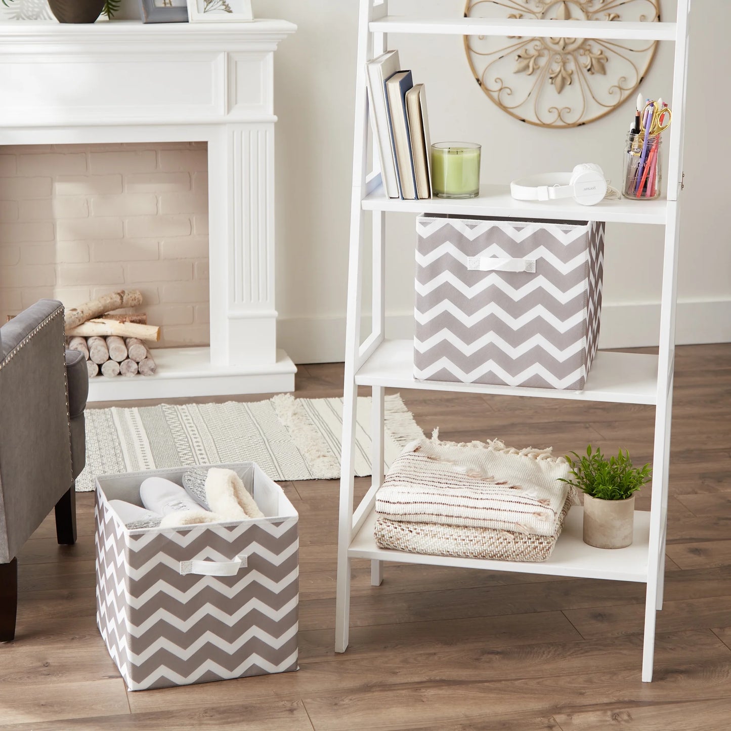 Non Woven Polyester Storage Bin, Chevron, Gray, Large Set of 2