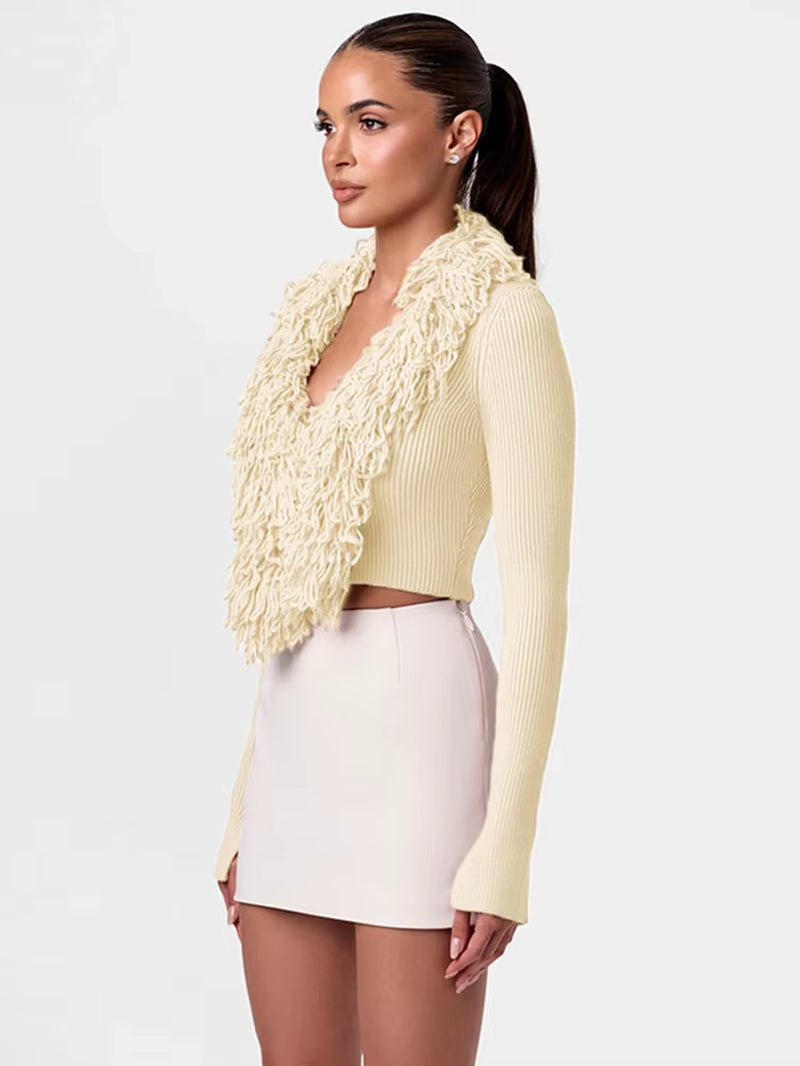 Fluffy V-Neck Tassel Cardigan