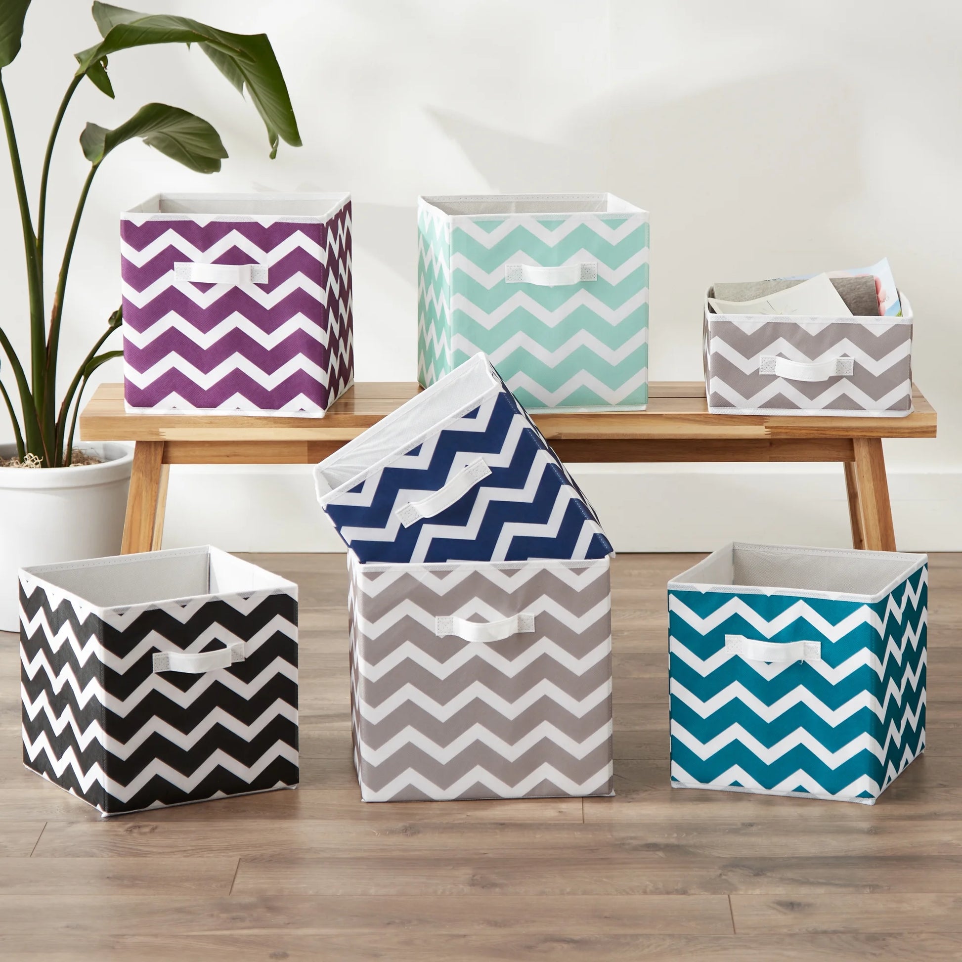 Non Woven Polyester Storage Bin, Chevron, Gray, Large Set of 2