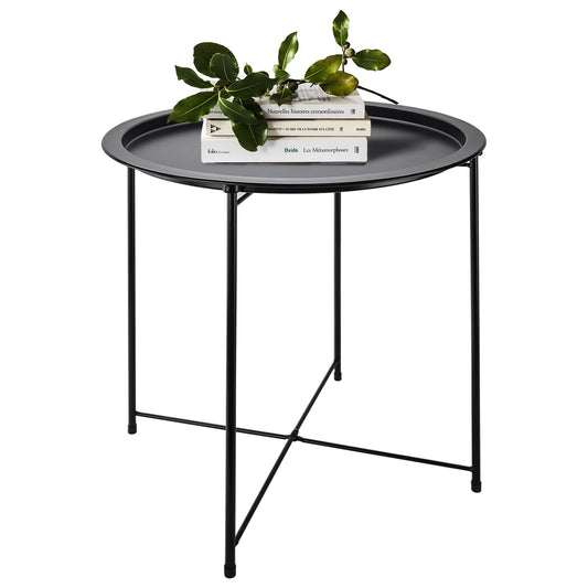 round End Table, Accent Coffee Side Table, Foldable Outdoor Small Side Table,Sofa Side Table Bedside Table for Living Room Bedroom, Black