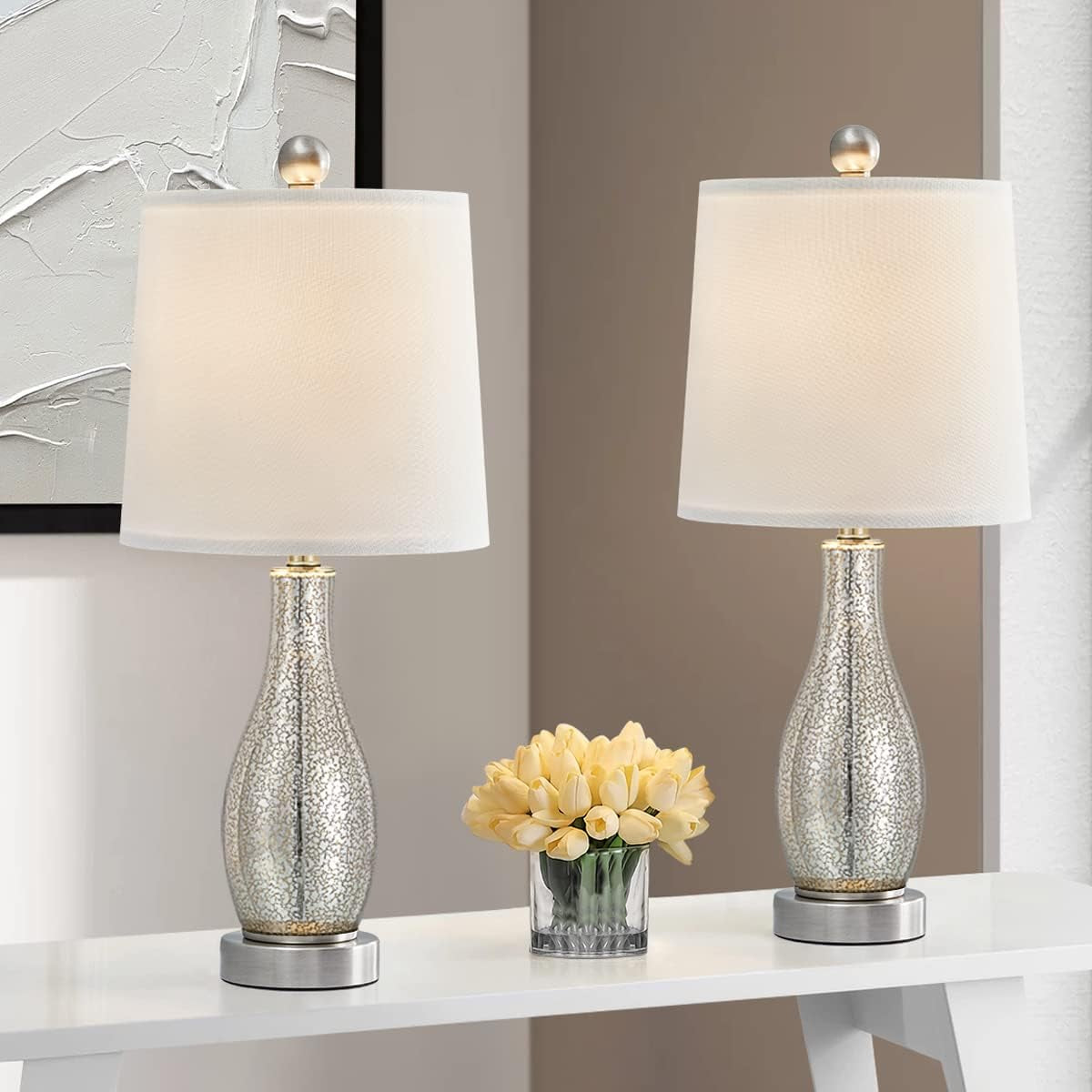 Modern Table Lamps Set of 2 for Living Room 20" Nightstand Lamp with Fabric Shade Glass Bedside Desk Lamp for Bedroom Kid'S Room Girls Room Office Glass Silver