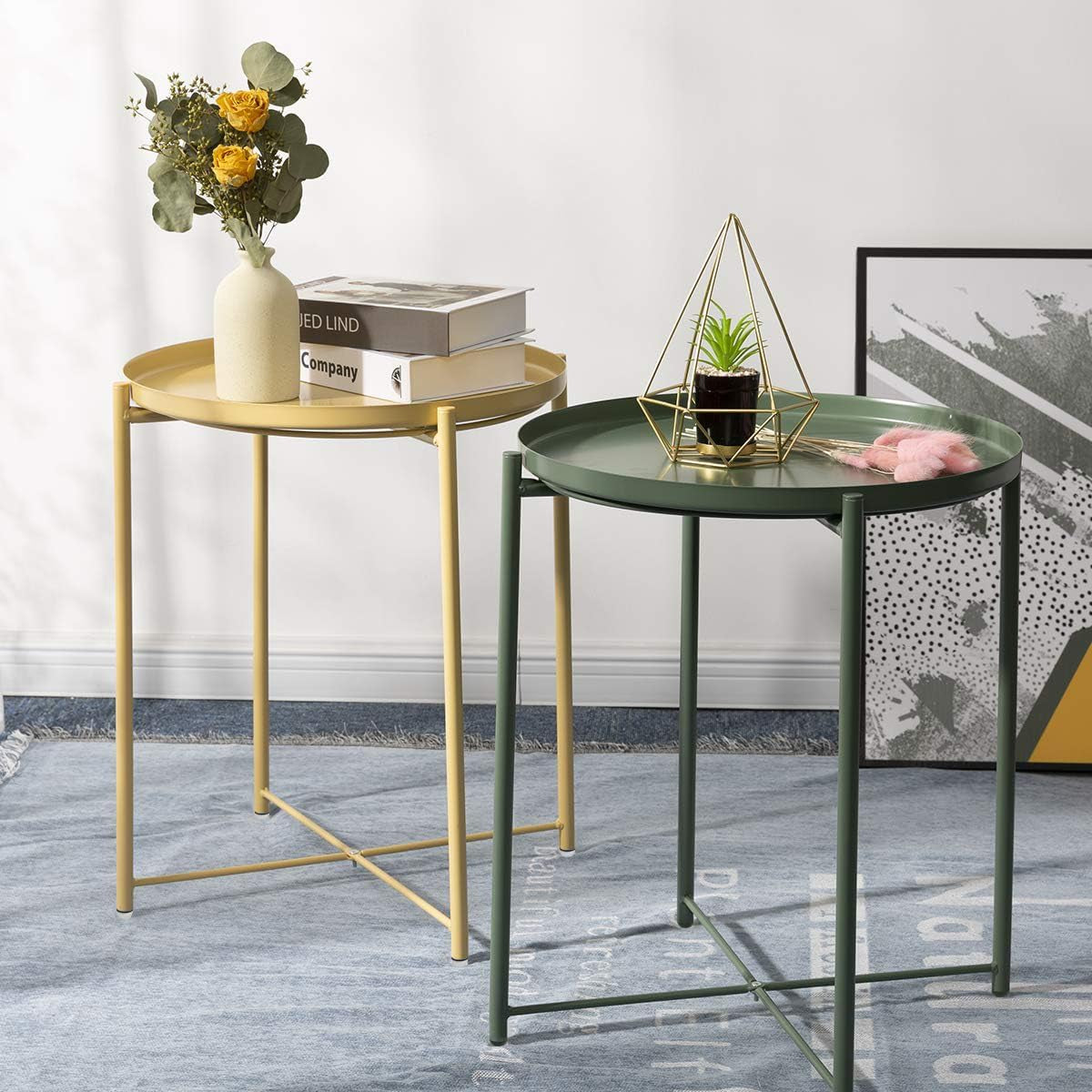 Side Table, End Table for Small Spaces Accent Metal Bedside Table round Small End Table, Outdoor Side Table Accent Patio Side Table Anti-Rust and Waterproof Dark Green