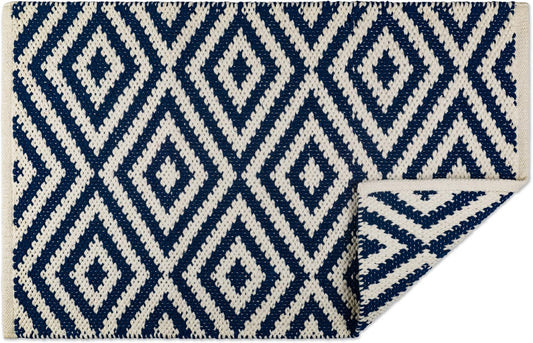 Indoor Braided Cotton Area Rug, Handloomed Yarn Dyed Woven, Reversible, 20X31.5, Navy Diamond