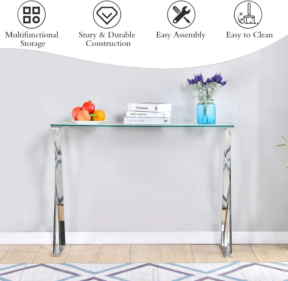 Modern Console Table Entryway Table with Tempered Glass Top, X-Shaped Stainless Steel Legs, Narrow Console Sofa Table for Entryway,Living Room,Hallway 41.7 X 11.8 X 30.7Inch (Wxdxh)