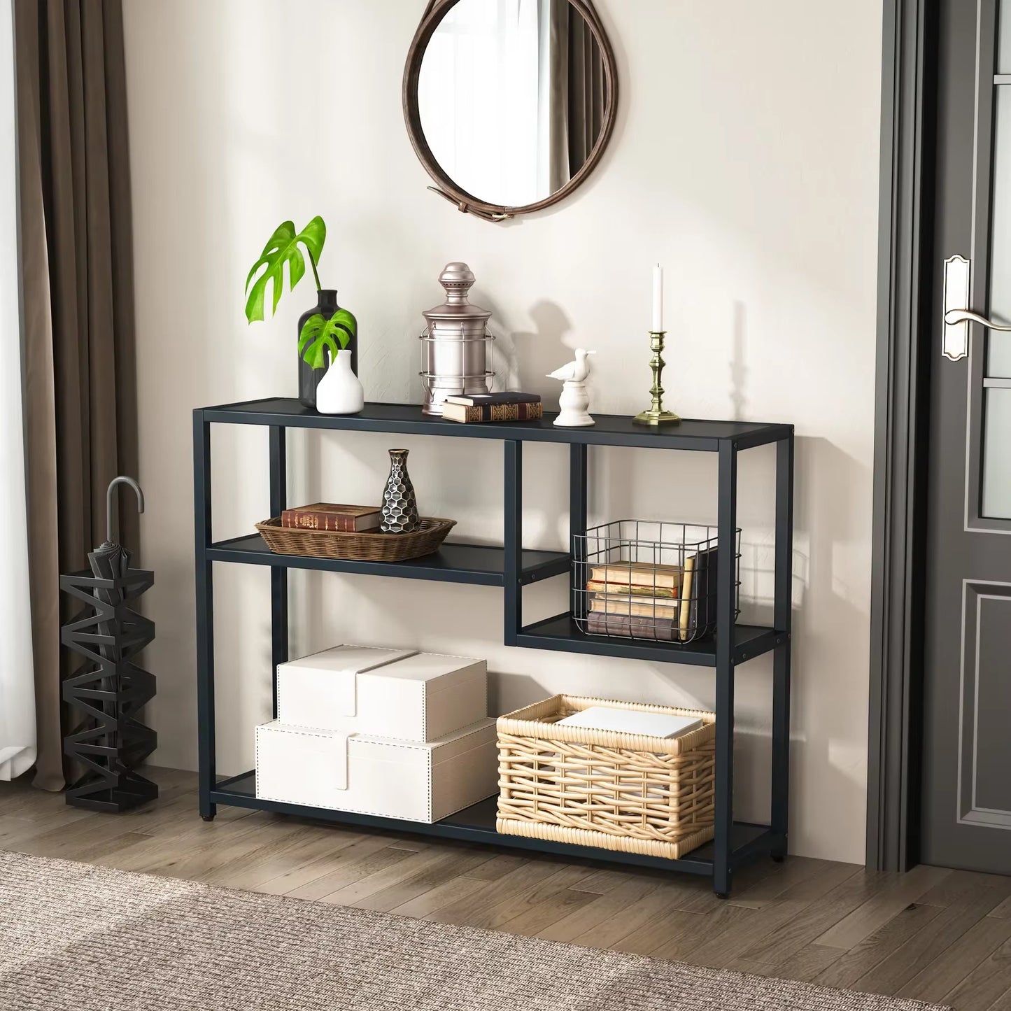 Console Table, Small Black Entryway Table with Storage Shelves, 43 Inch Vintage Entrance Table behind Couch Table