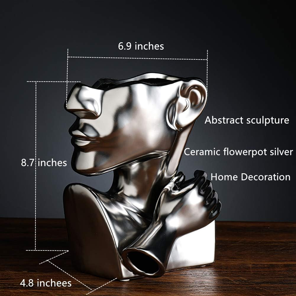 Silver Ceramic Vase Decoration Human Face Abstract Sculpture Modern Vase Ideal Gift Vase Suitable for Friends Family Family Wedding Table Vase Home Decoration Flower Pot(A1498 Silver)