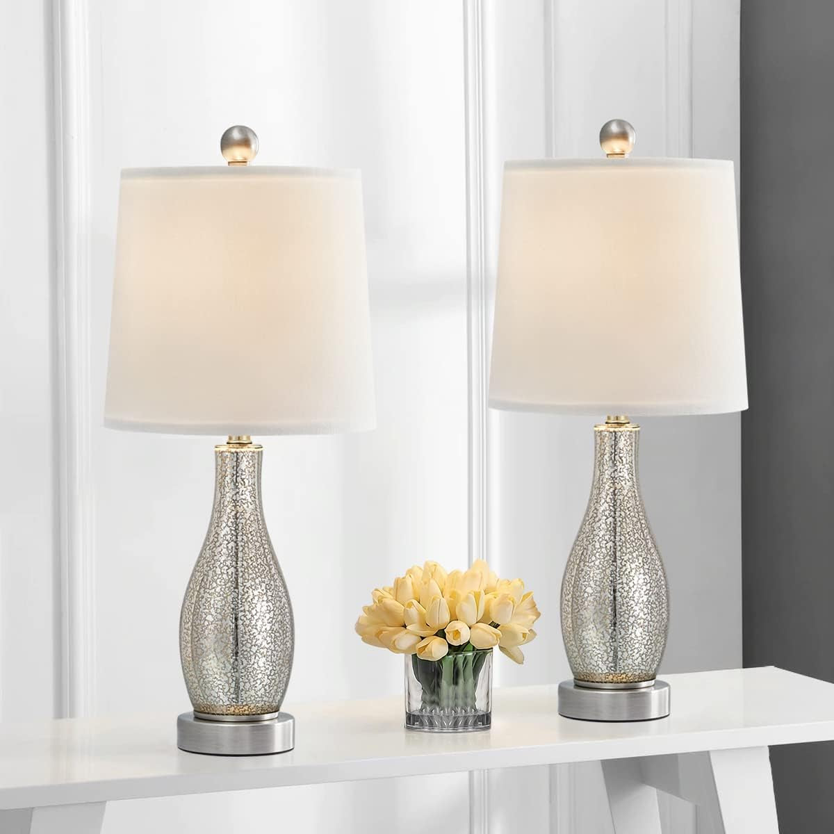 Modern Table Lamps Set of 2 for Living Room 20" Nightstand Lamp with Fabric Shade Glass Bedside Desk Lamp for Bedroom Kid'S Room Girls Room Office Glass Silver