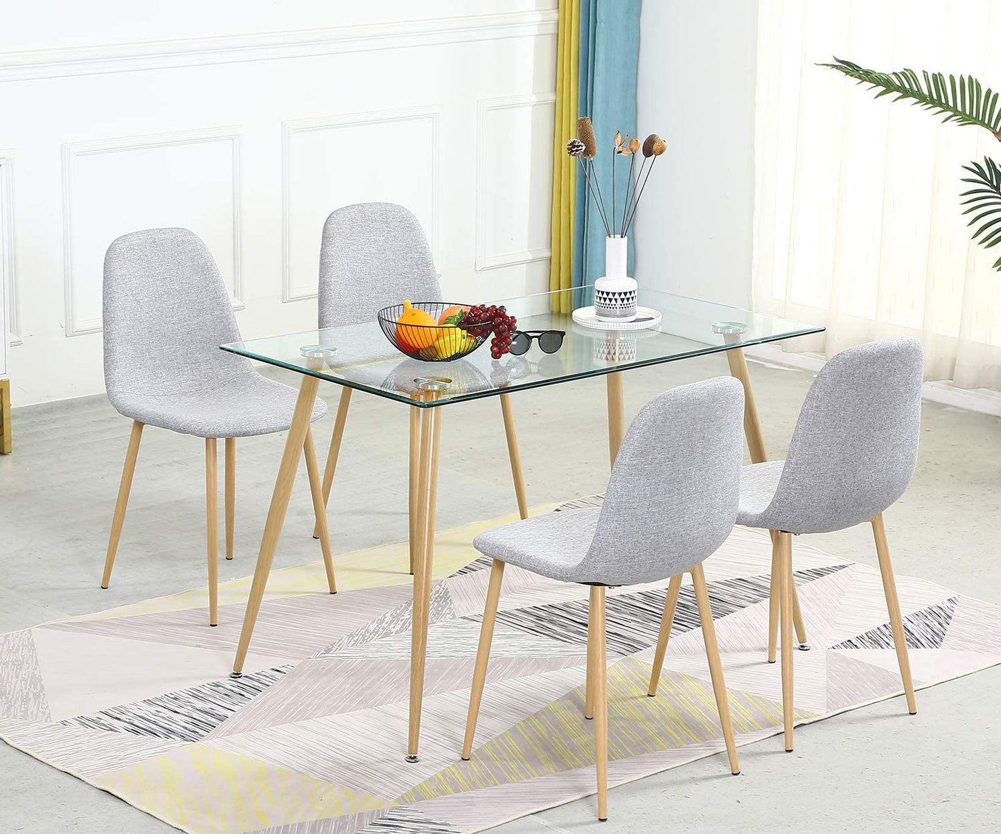 Modern Dining Room Table Set 5 Pieces Dining Table Set for 4 - Rectangle Glass Dining Table with 4 Grey Fabric Dining Chairs - Kitchen & Dining Room Sets for Dining Room Kitchen