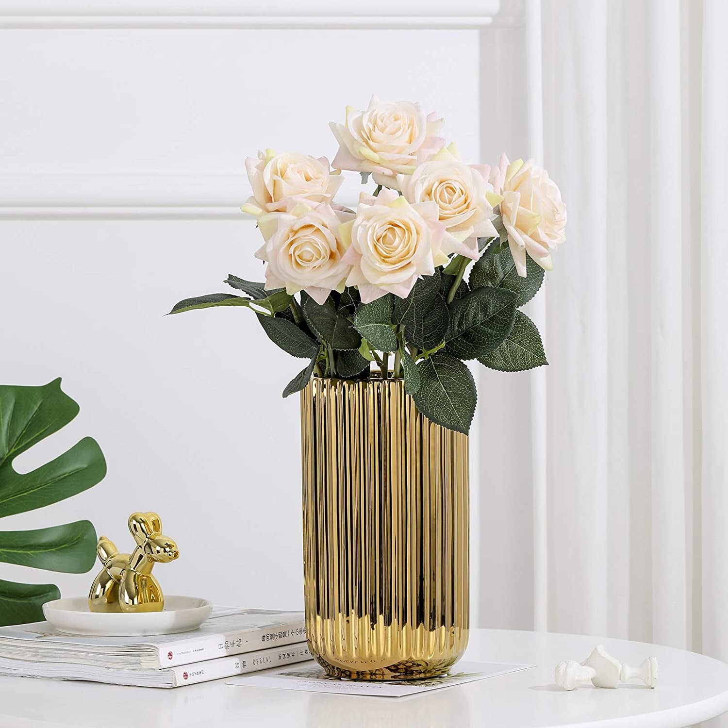 Ceramic Innovative Pattern Vase, Gold Plated, 8.76In H, 4.9In W, Geometric Cylindrical Shape, Easy to Fill and Balance