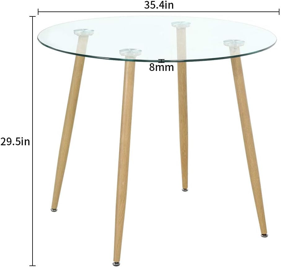 Round Dining Table - Modern round Glass Dining Table Small Space Dining Room Table - Kitchen Table with Tempered Glass Tabletop and Metal Legs - Wood