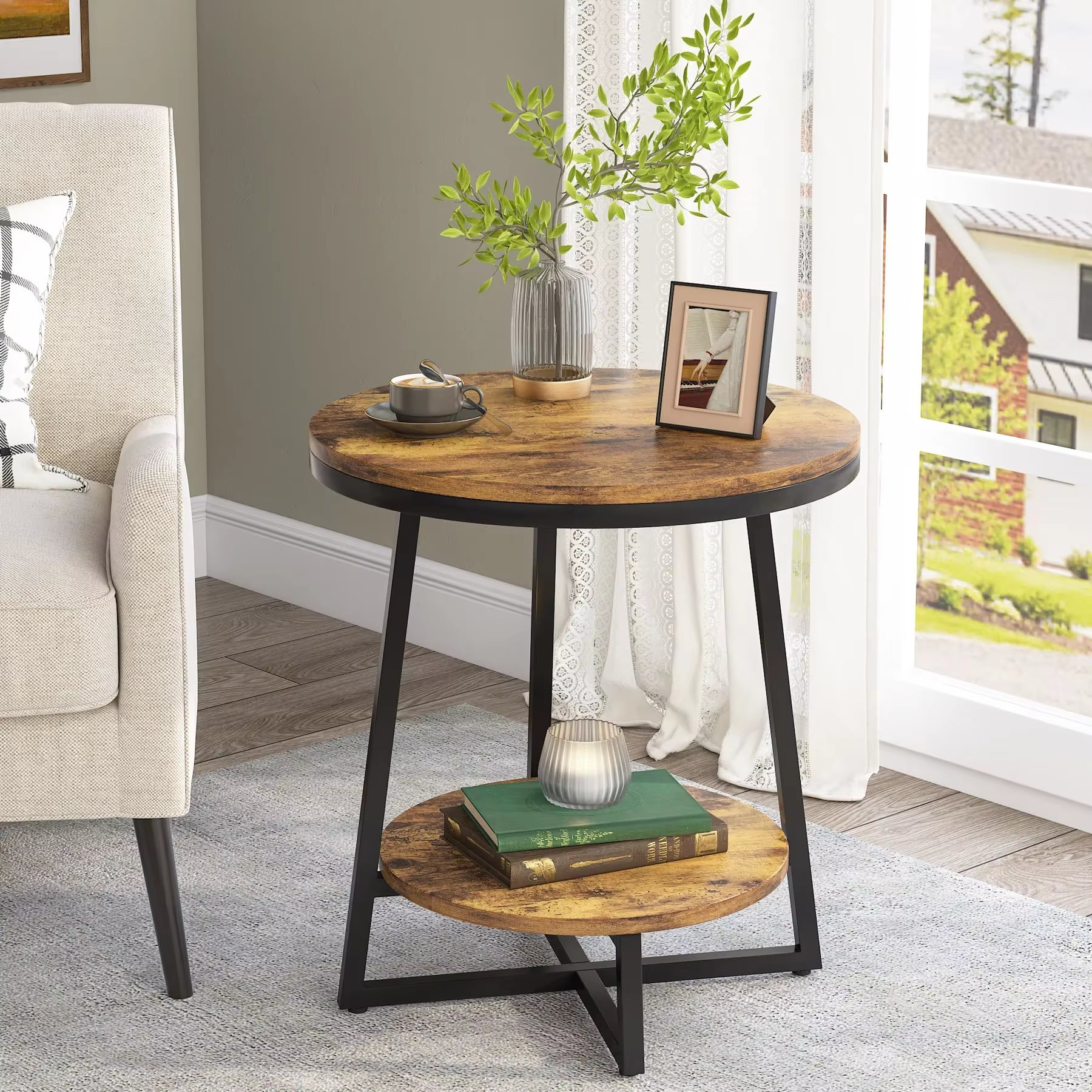 End Table, 2 Tier round Side Table with Storage Shelf, Industrial Nightstand Bedside Table Coffee Accent Table