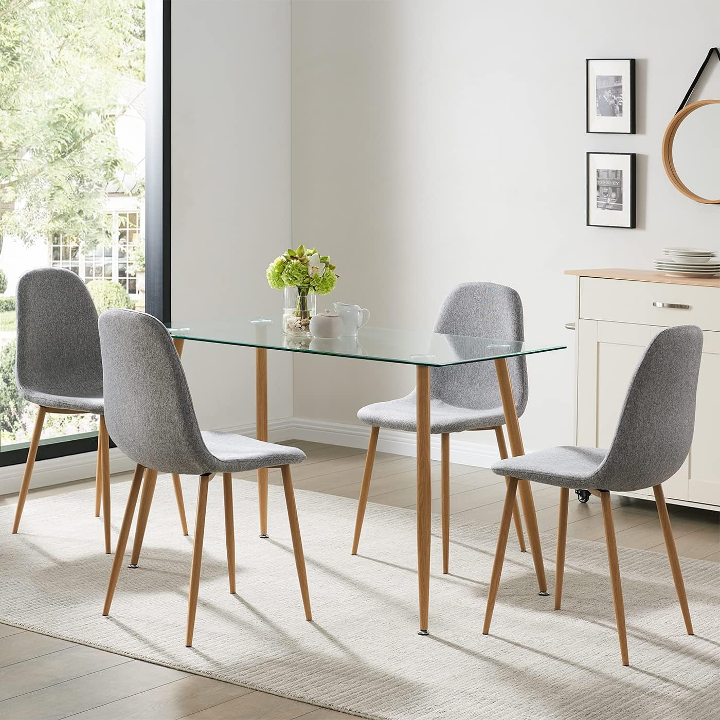 Modern Dining Room Table Set 5 Pieces Dining Table Set for 4 - Rectangle Glass Dining Table with 4 Grey Fabric Dining Chairs - Kitchen & Dining Room Sets for Dining Room Kitchen