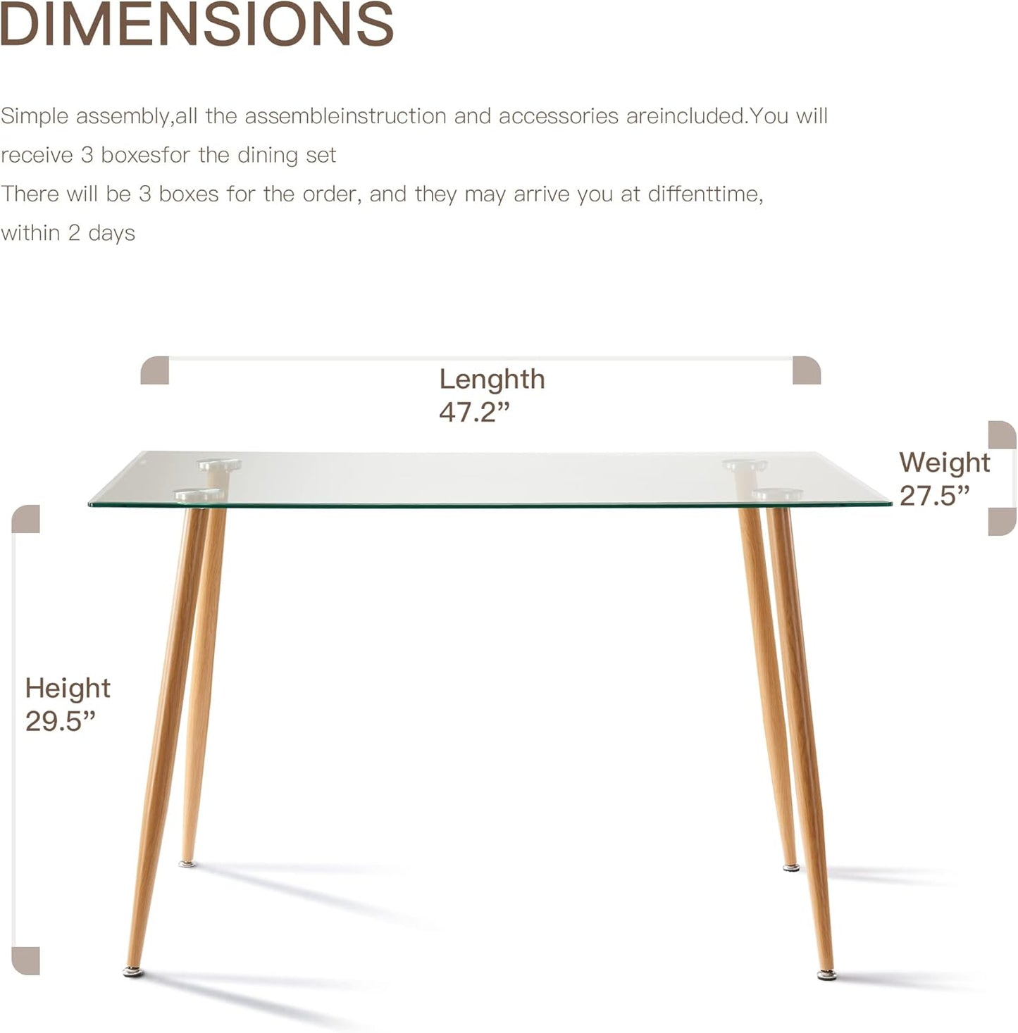 Glass Dining Table - 47" Rectangle Glass Top Dining Room Table, Modern Clear Kitchen Table with Wooden Metal Leg, Rectangular Dining Table for 2 or 4 for Small Spaces Apartment Kitchen or Dining Room