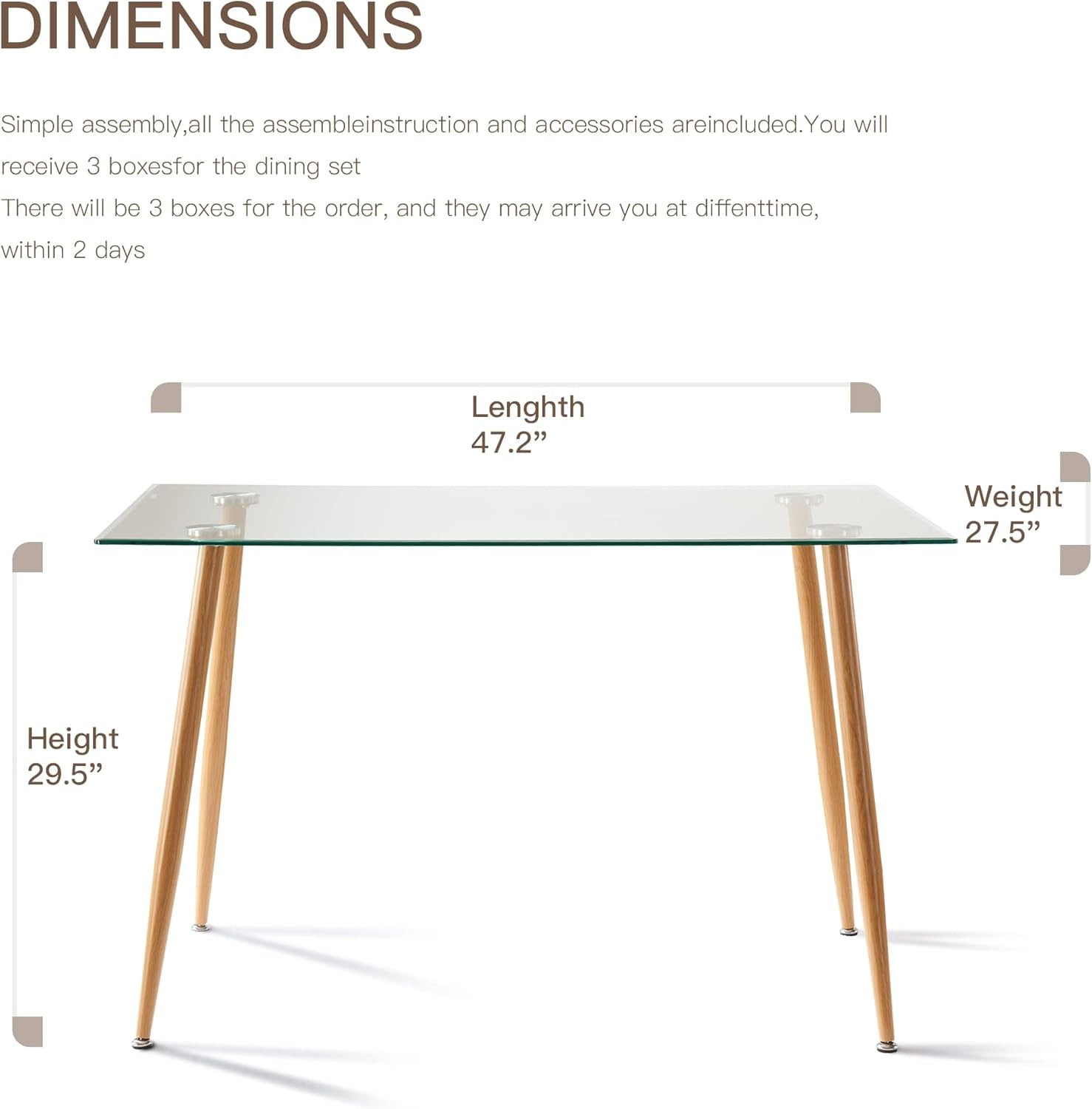 Glass Dining Table - 47" Rectangle Glass Top Dining Room Table, Modern Clear Kitchen Table with Wooden Metal Leg, Rectangular Dining Table for 2 or 4 for Small Spaces Apartment Kitchen or Dining Room