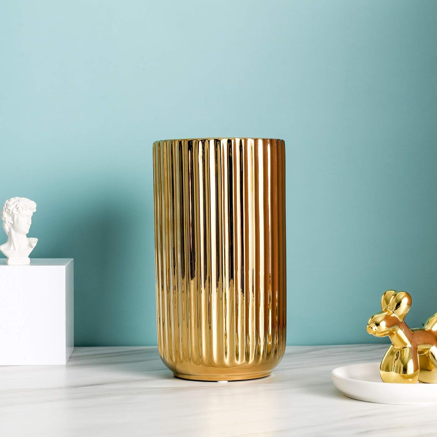 Ceramic Innovative Pattern Vase, Gold Plated, 8.76In H, 4.9In W, Geometric Cylindrical Shape, Easy to Fill and Balance