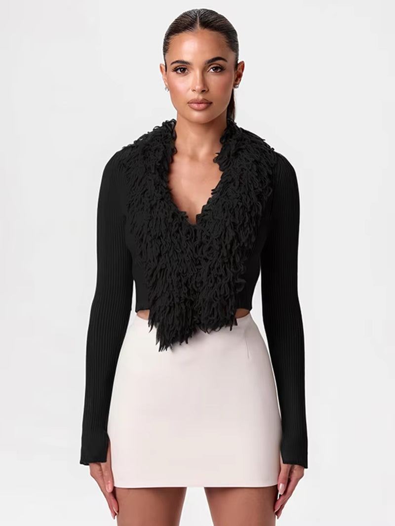 Fluffy V-Neck Tassel Cardigan