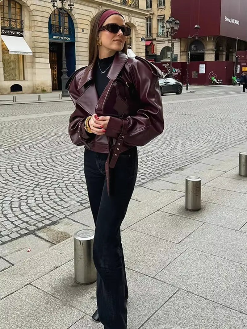 Lapel Leather Cropped Jacket