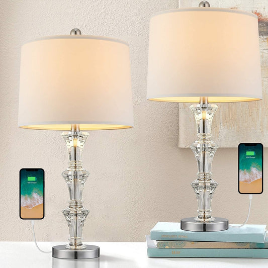 26" Modern Crystal USB Table Lamps Set of 2 for Living Room Bedroom Bedside Nightstand Desk Lamps