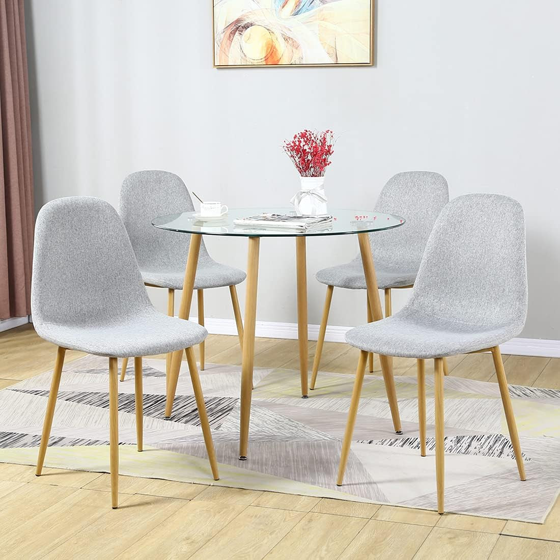 Round Dining Table - Modern round Glass Dining Table Small Space Dining Room Table - Kitchen Table with Tempered Glass Tabletop and Metal Legs - Wood