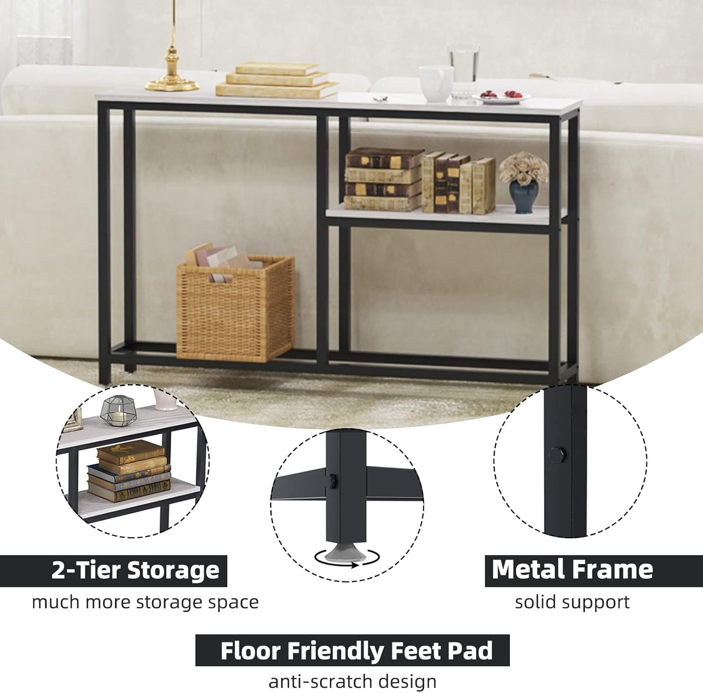 2-Tier Slim Console Table for Entryway with Open Storage Shelf, Narrow Sofa Table behind Couch Table for Living Room, Corridor, Hallway, Grey