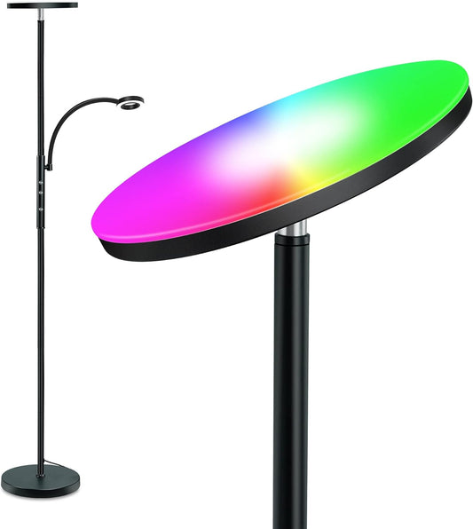 LED Floor Lamp, Super Bright RGB Torchiere Lamp with Adjustable Reading Lamp, Remote & Touch Control, 1600LM Main Light and 300LM Side Light for Living Room, Bedroom, Office, Black