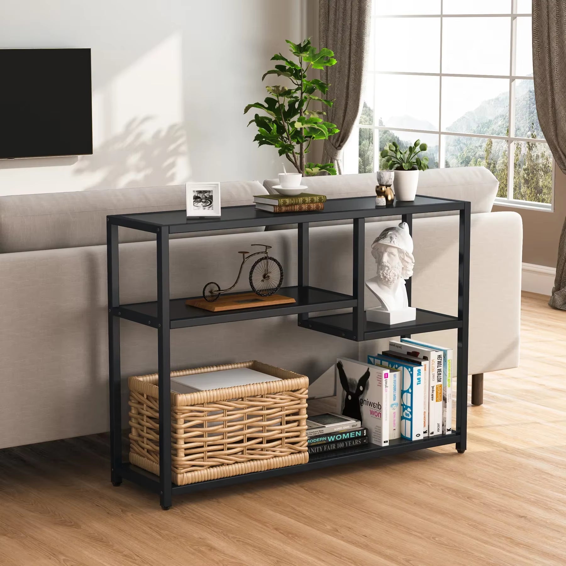 Console Table, Small Black Entryway Table with Storage Shelves, 43 Inch Vintage Entrance Table behind Couch Table