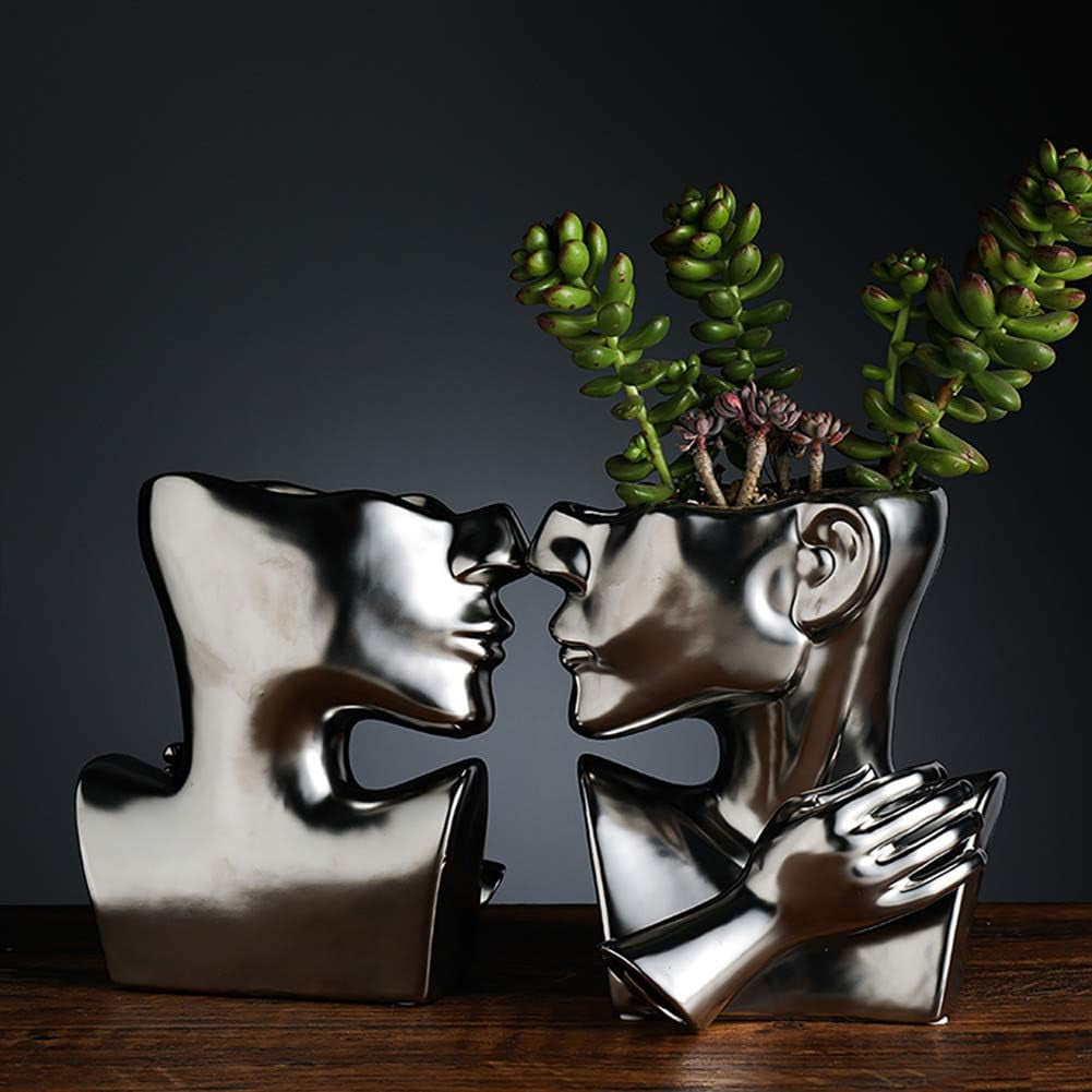 Silver Ceramic Vase Decoration Human Face Abstract Sculpture Modern Vase Ideal Gift Vase Suitable for Friends Family Family Wedding Table Vase Home Decoration Flower Pot(A1498 Silver)