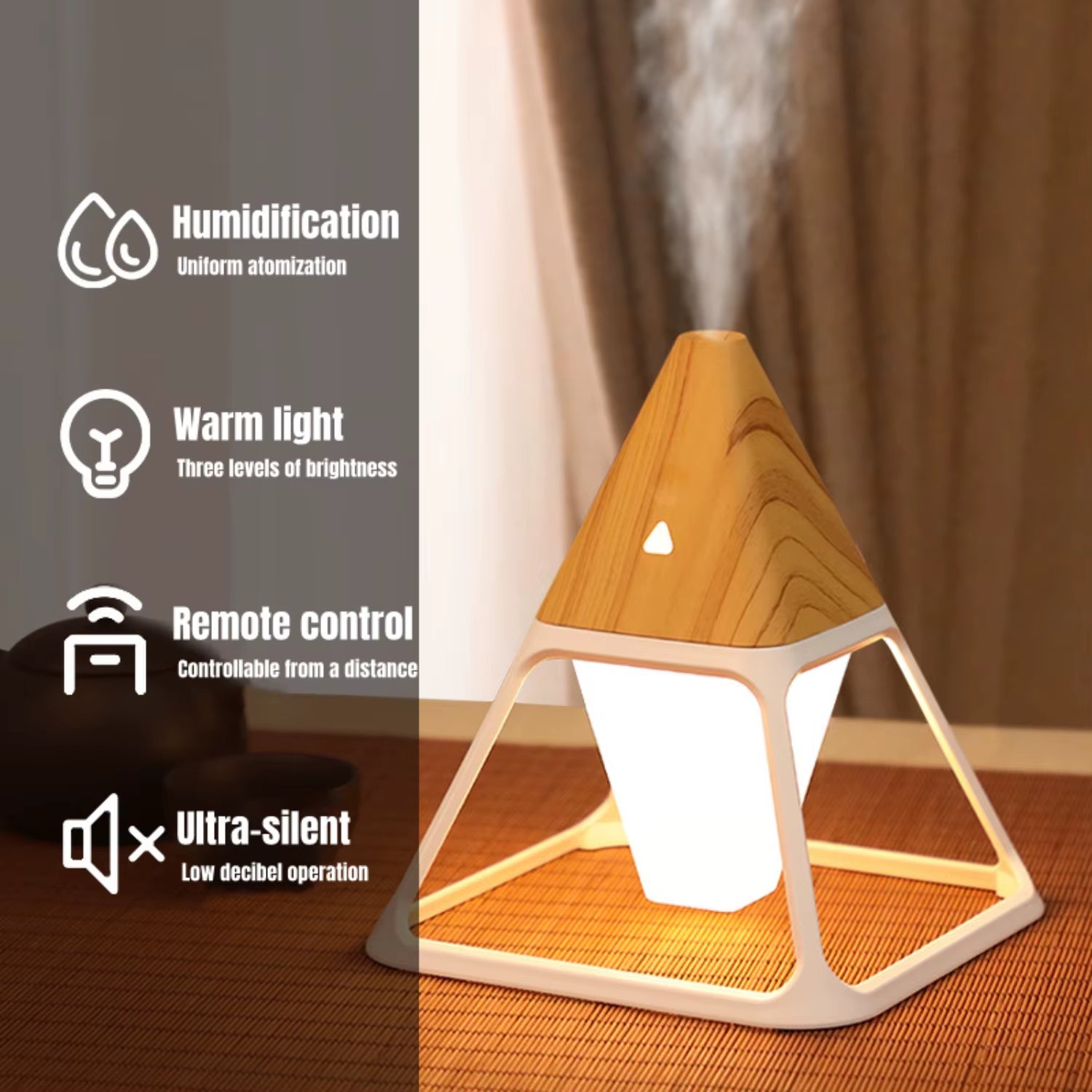 New Remote Control Wood Grain USB Volcano Pyramid Air Humidifier - Aromatherapy Essential Oil Diffuser and Warm Lamp Difusor For