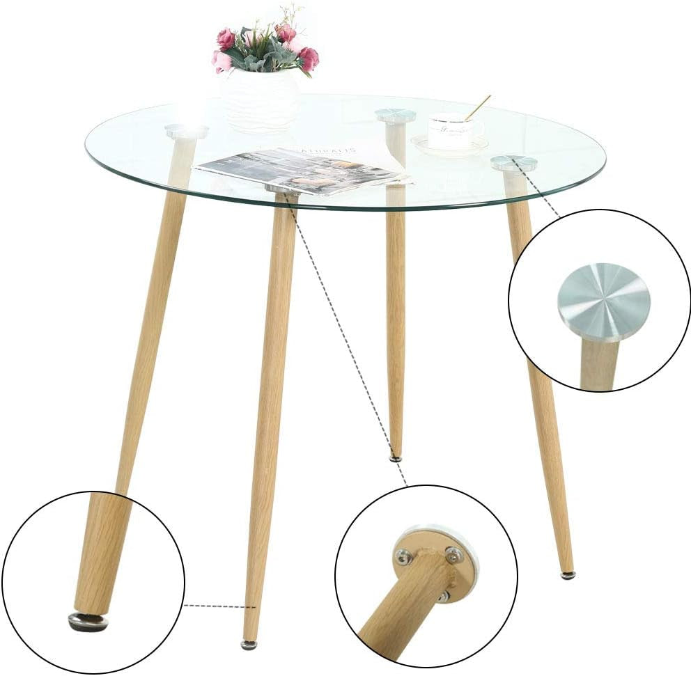 Round Dining Table - Modern round Glass Dining Table Small Space Dining Room Table - Kitchen Table with Tempered Glass Tabletop and Metal Legs - Wood