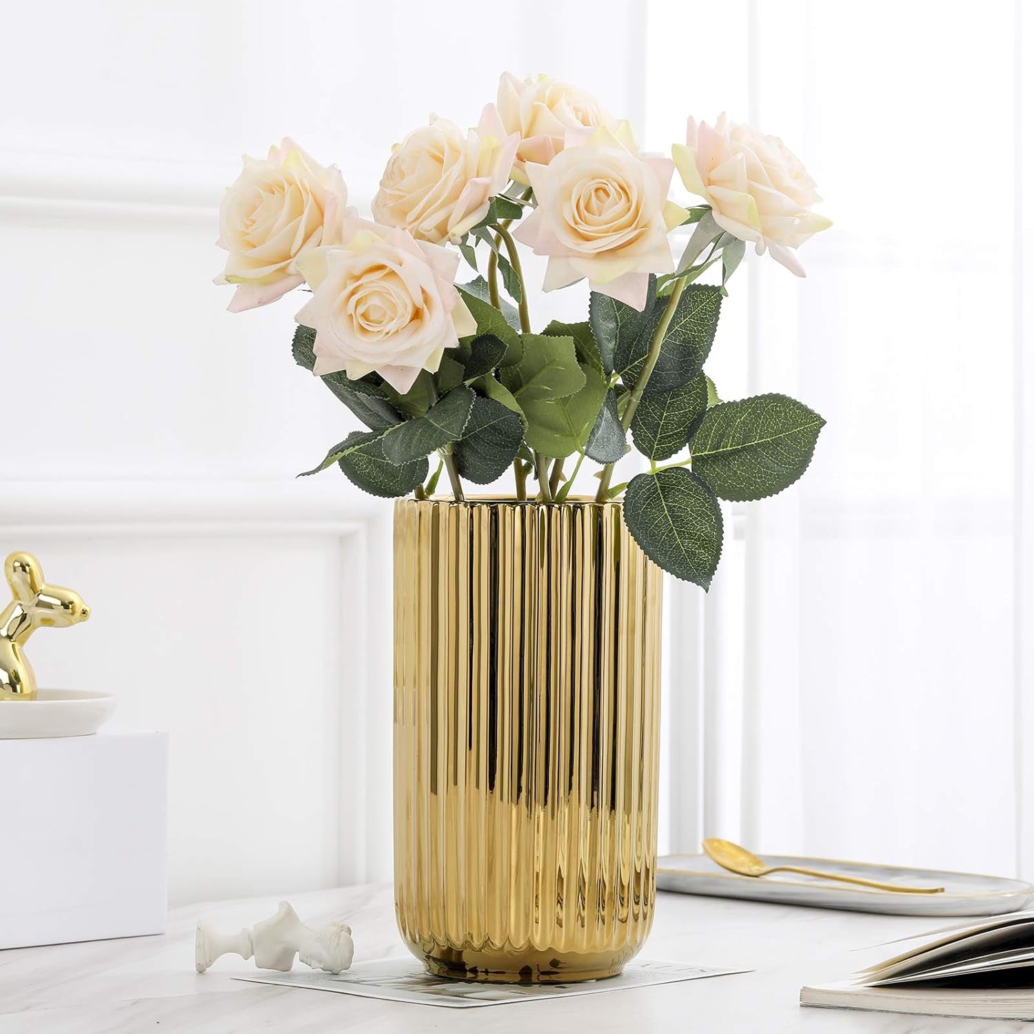 Ceramic Innovative Pattern Vase, Gold Plated, 8.76In H, 4.9In W, Geometric Cylindrical Shape, Easy to Fill and Balance