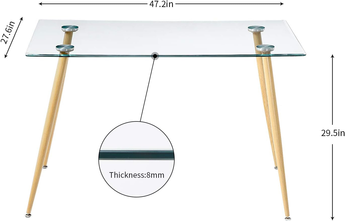 Rectangular Glass Dining Table - Tempered Glass Kitchen Table - Small Modern Glass Dining Room Table for 4 with Wood Printed Transfer Metal Legs, Coffee Table for Living Room 47.2*27.6*29.5"