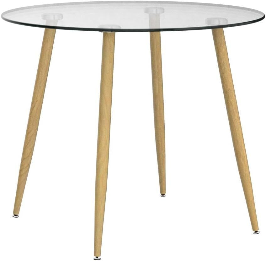 Round Dining Table - Modern round Glass Dining Table Small Space Dining Room Table - Kitchen Table with Tempered Glass Tabletop and Metal Legs - Wood