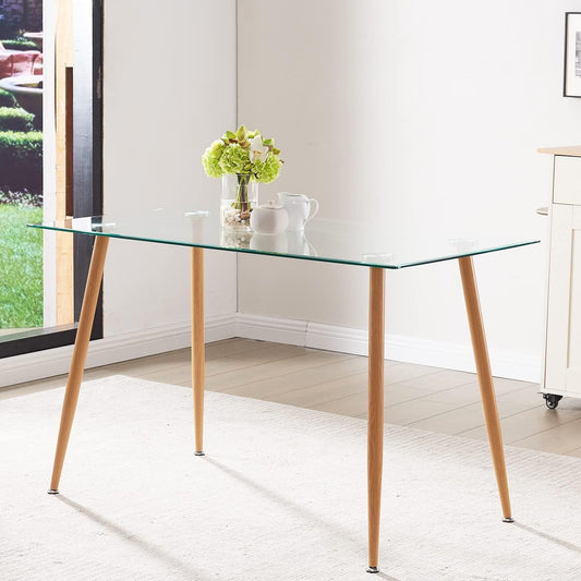 Glass Dining Table - 47" Rectangle Glass Top Dining Room Table, Modern Clear Kitchen Table with Wooden Metal Leg, Rectangular Dining Table for 2 or 4 for Small Spaces Apartment Kitchen or Dining Room