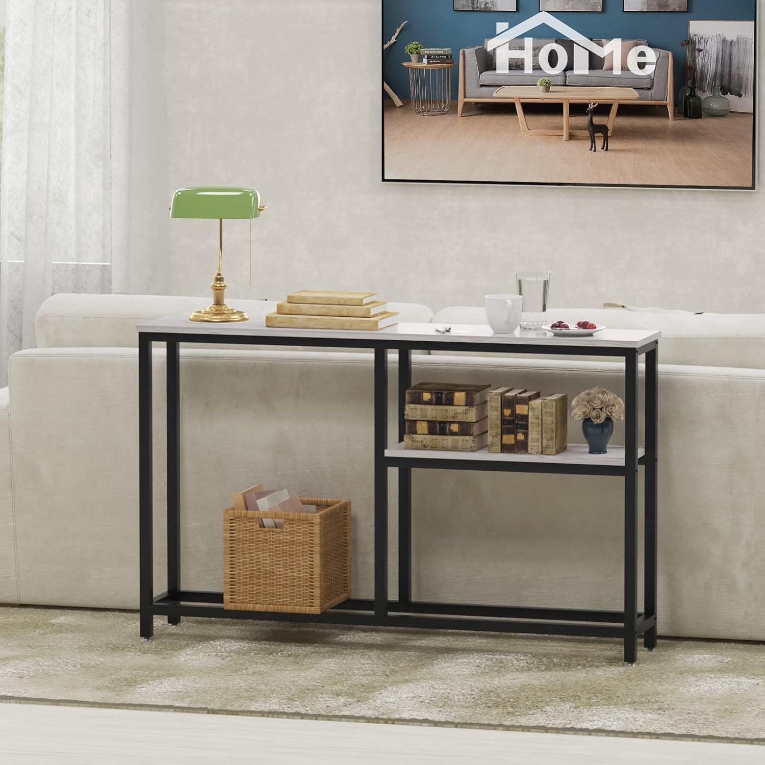 2-Tier Slim Console Table for Entryway with Open Storage Shelf, Narrow Sofa Table behind Couch Table for Living Room, Corridor, Hallway, Grey