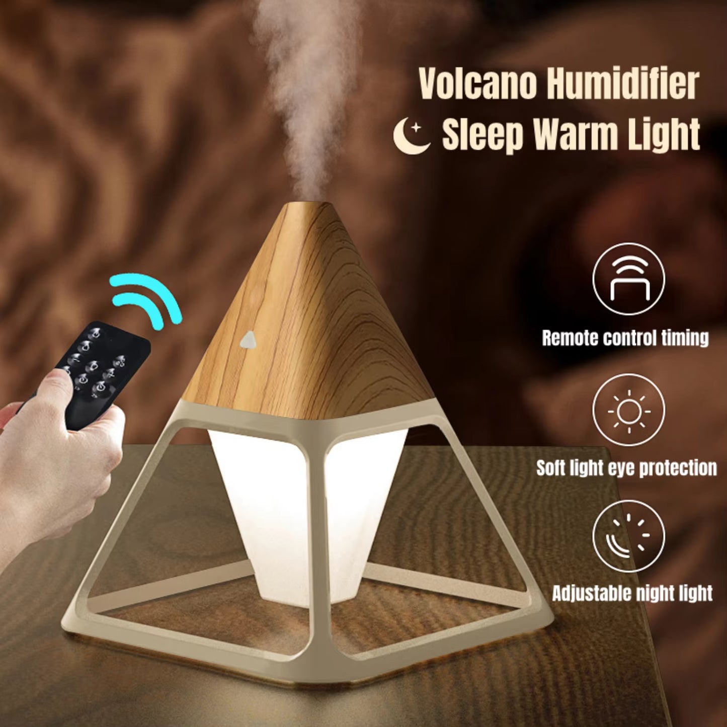 New Remote Control Wood Grain USB Volcano Pyramid Air Humidifier - Aromatherapy Essential Oil Diffuser and Warm Lamp Difusor For