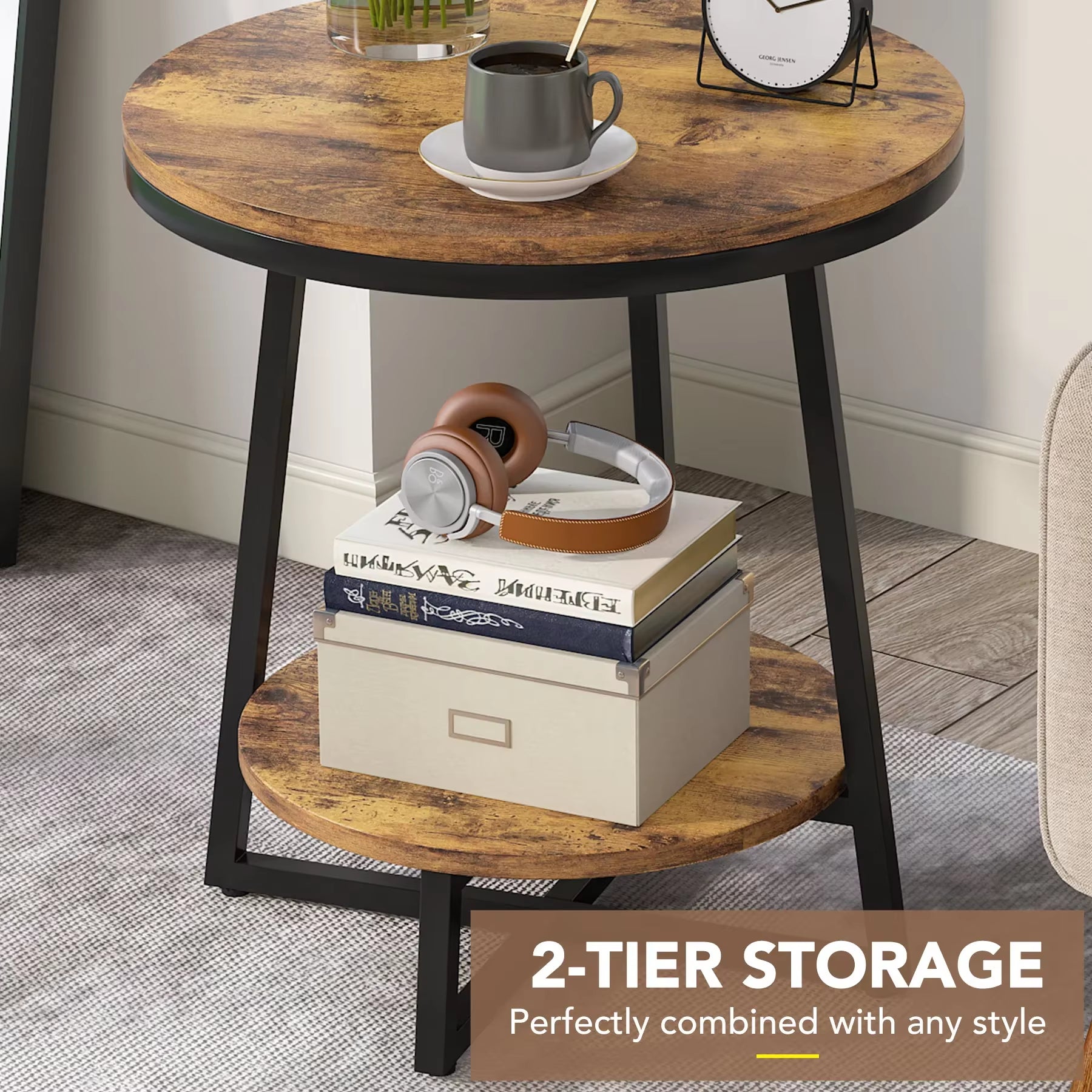 End Table, 2 Tier round Side Table with Storage Shelf, Industrial Nightstand Bedside Table Coffee Accent Table