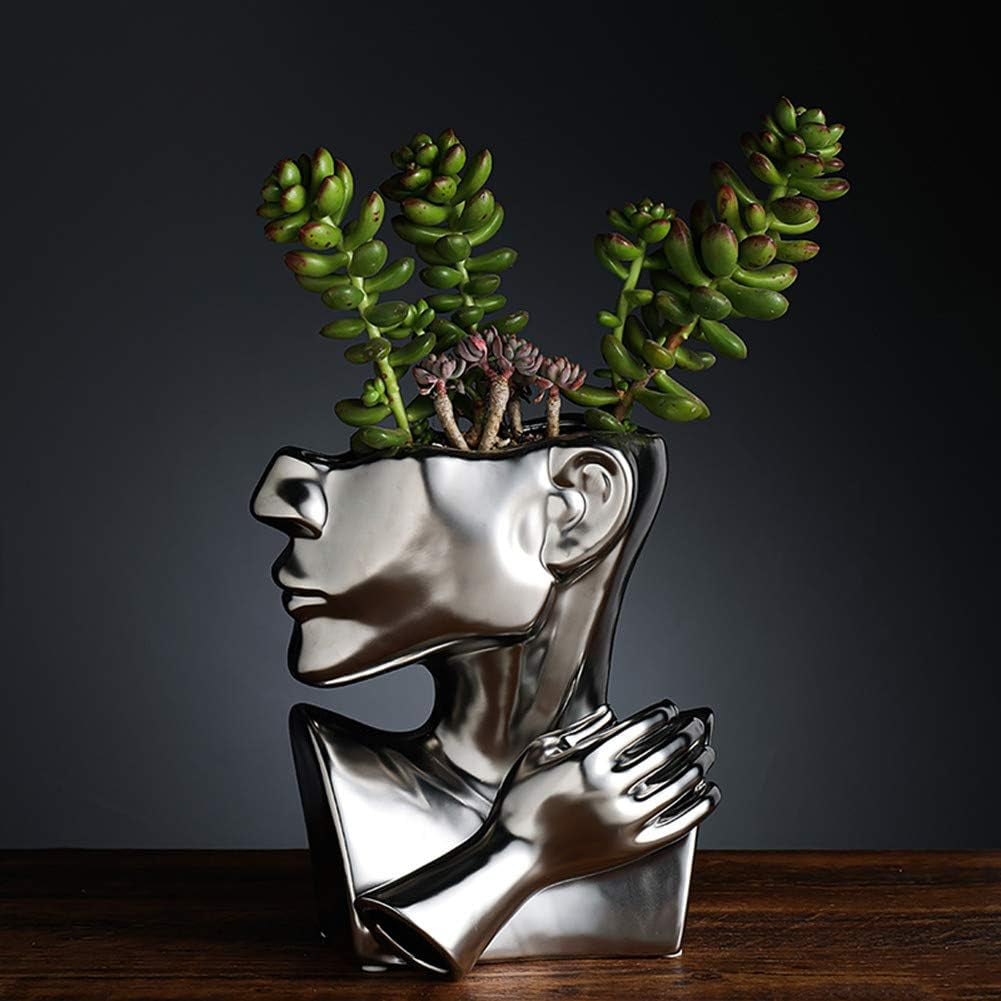 Silver Ceramic Vase Decoration Human Face Abstract Sculpture Modern Vase Ideal Gift Vase Suitable for Friends Family Family Wedding Table Vase Home Decoration Flower Pot(A1498 Silver)