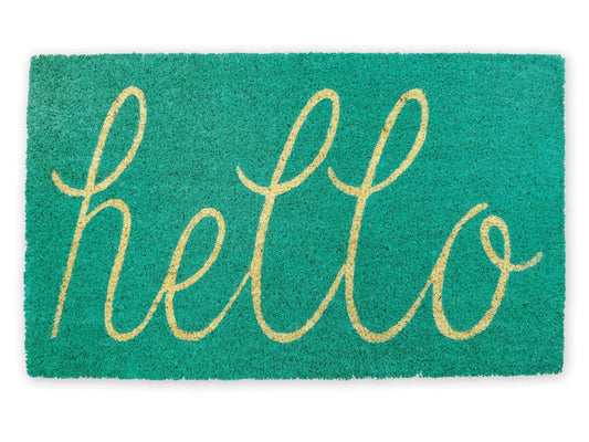 Hello Coir Fiber Doormat Non-Slip Durable Outdoor/Indoor, Pet Friendly, 17X29", Aqua