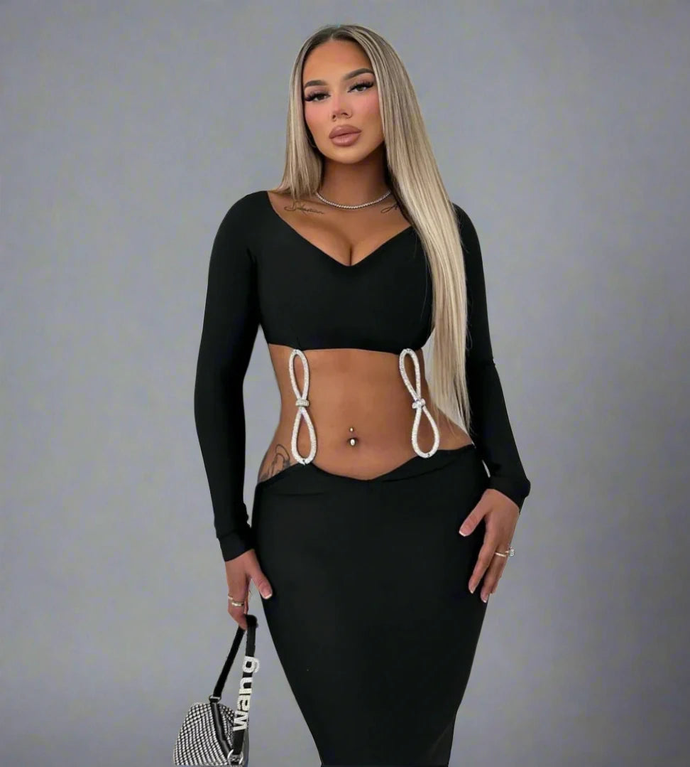 Off Shoulder Cut Out Black Rhinestone Dress