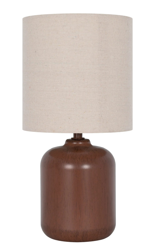 12.75 Inch Mini Faux Wood Lamp with 6.5 X 6.5 X 6.5 Oatmeal Linen Shade