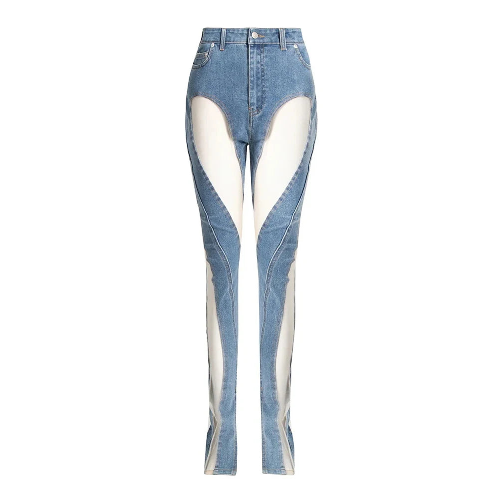 Patchwork Sheer Mesh Denim Jeans