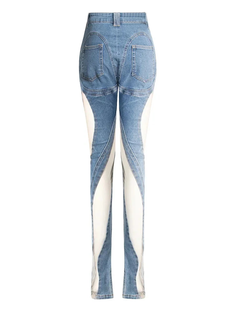 Patchwork Sheer Mesh Denim Jeans