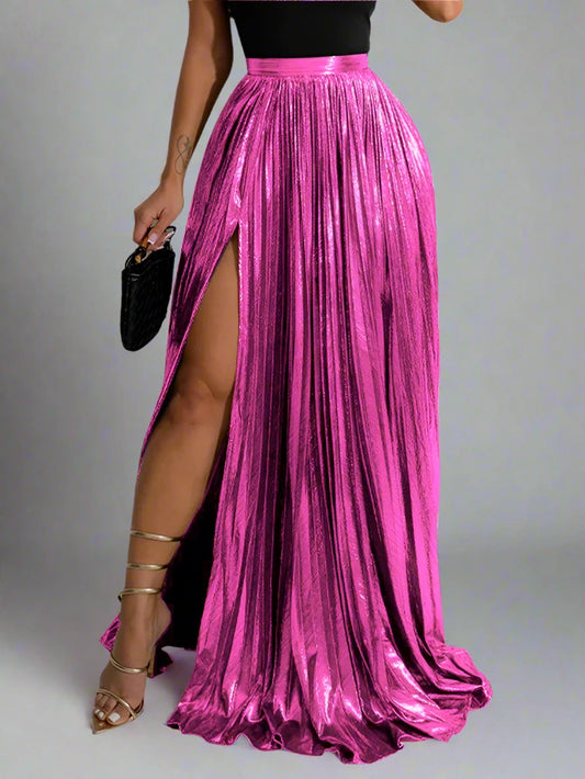 Metallic Pleated Maxi Skirt