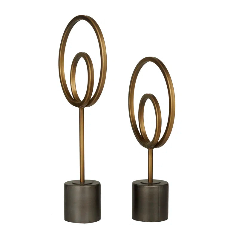 Metal Circle Geometric Decorative Gold Sculpture with Black Base Set