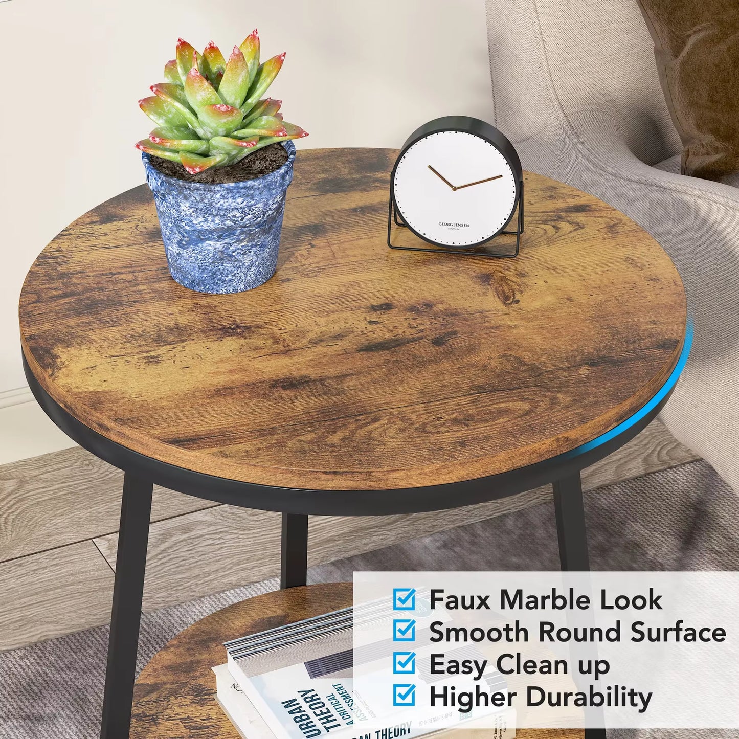 End Table, 2 Tier round Side Table with Storage Shelf, Industrial Nightstand Bedside Table Coffee Accent Table