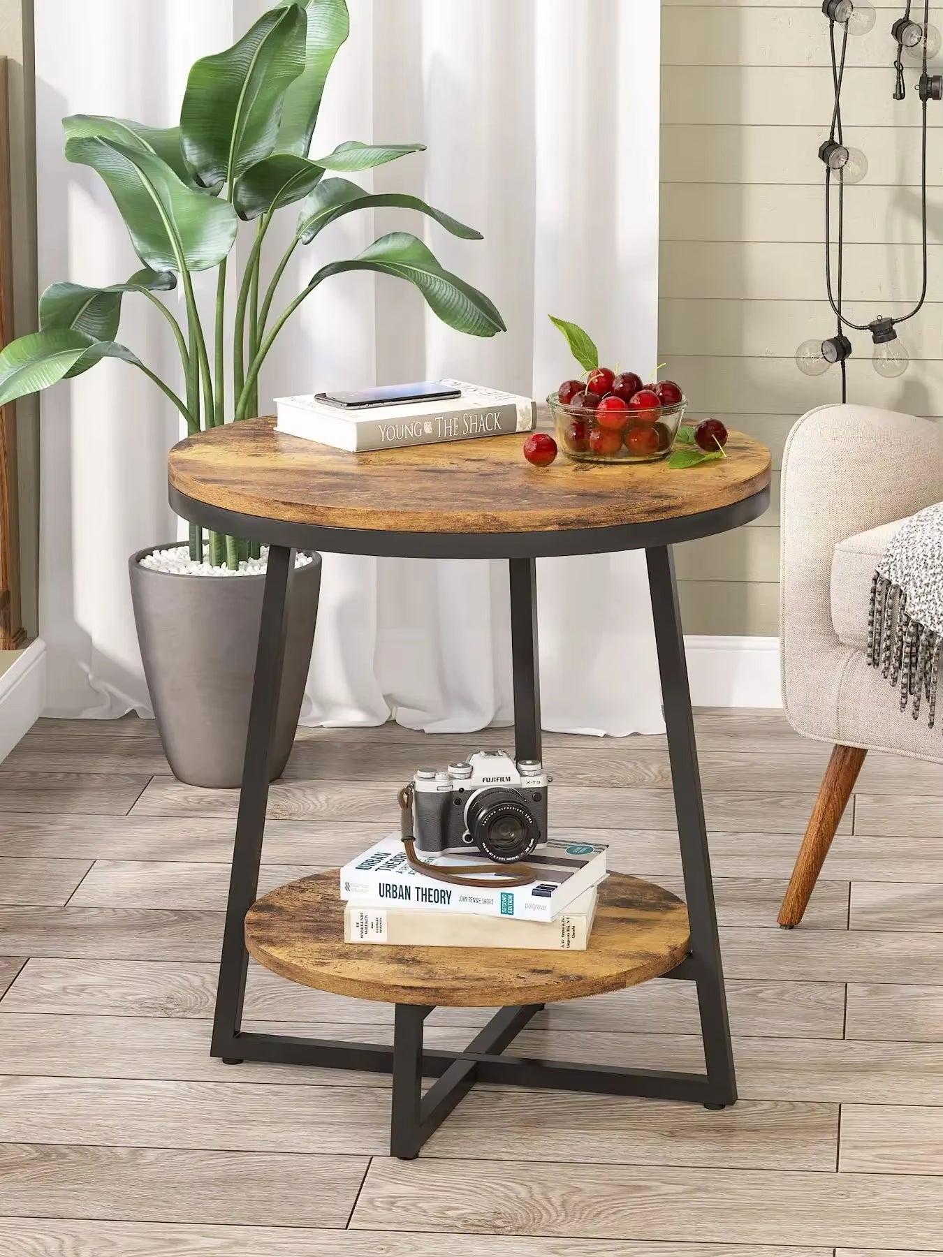 End Table, 2 Tier round Side Table with Storage Shelf, Industrial Nightstand Bedside Table Coffee Accent Table