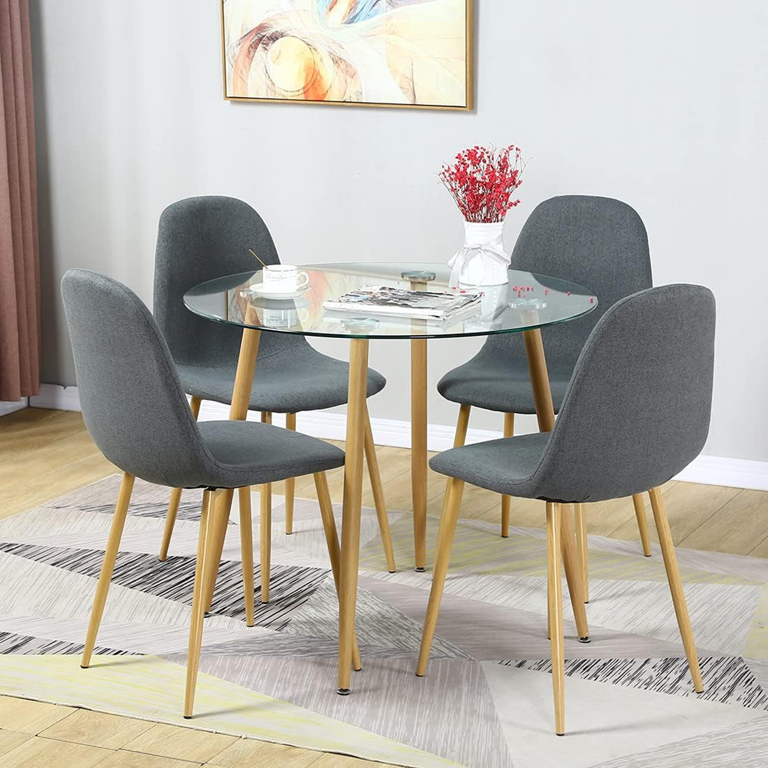 Round Dining Table - Modern round Glass Dining Table Small Space Dining Room Table - Kitchen Table with Tempered Glass Tabletop and Metal Legs - Wood