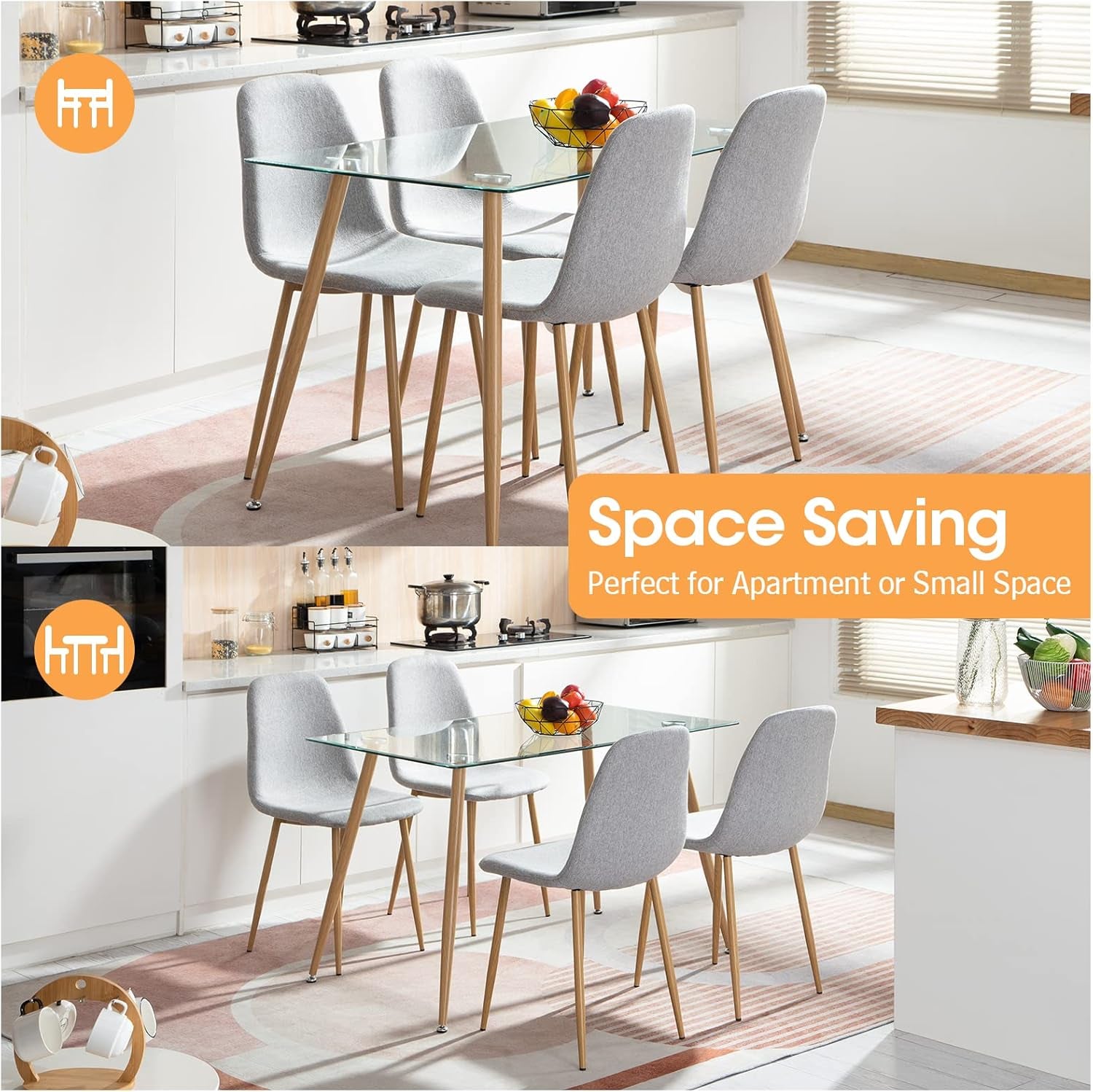 Modern Dining Room Table Set 5 Pieces Dining Table Set for 4 - Rectangle Glass Dining Table with 4 Grey Fabric Dining Chairs - Kitchen & Dining Room Sets for Dining Room Kitchen